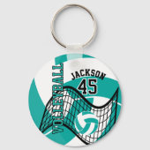 白、パーソナライズされたティール(緑がかった色)、黒バレーボール キーホルダー (正面)