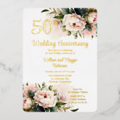白|ピンクの芍薬 50周年結婚記念パーティー 箔招待状 (正面)