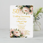 白|ピンクの芍薬 50周年結婚記念パーティー 箔招待状 (立ち正面)
