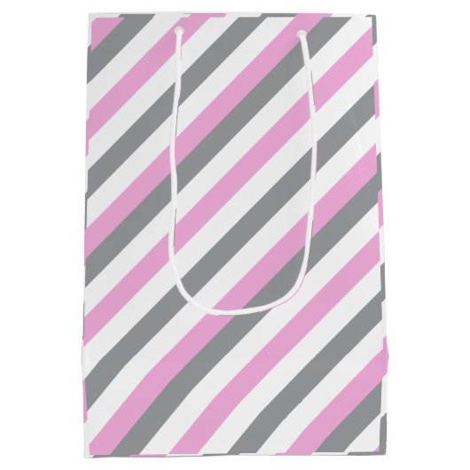 白、ピンク、グレーのゾウストライプズの赤ちゃんシャワー ミディアムペーパーバッグ (裏面)
