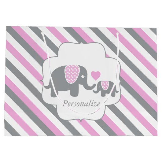 白、ピンク、グレーのゾウストライプズの赤ちゃんシャワー ラージペーパーバッグ (裏面)