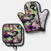 白、ピンク、紫の花 鍋つかみ&鍋敷きセット (正面/裏面)