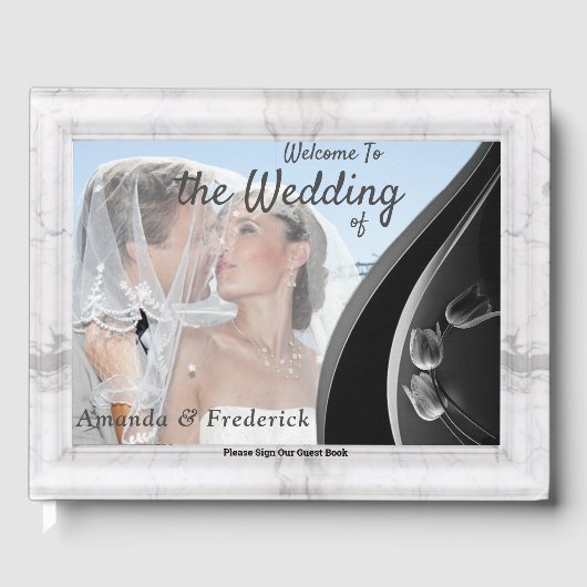 白 – モダン大理石ブラック抽象芸術 ゲストブック (正面)