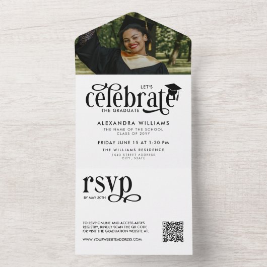 白 卒業生を祝う フォト QR RSVP オールインワン招待状 (内側)