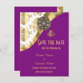 白、紫、金ゴールドのダマスクは日付を保存 案内ポストカード (正面/裏面)