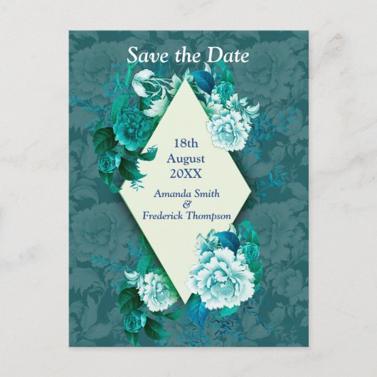 白/緑のバラ花オン緑のパターン紙 案内ポストカード (正面)