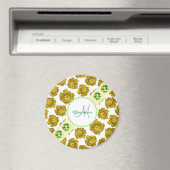 白、緑の宝石と真珠に黄色の花 マグネット (インサイチュ (食洗機))