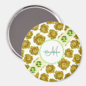 白、緑の宝石と真珠に黄色の花 マグネット (正面/裏面)