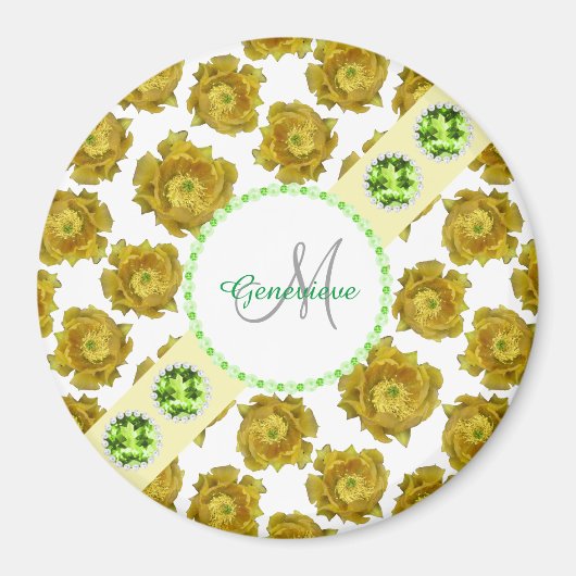 白、緑の宝石と真珠に黄色の花 マグネット (正面)