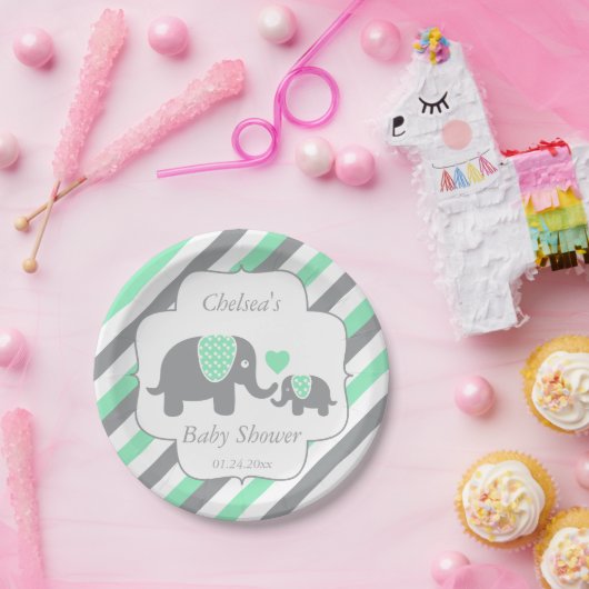白、緑、灰色の象ストライプの赤ちゃんシャワー ペーパープレート (パーティー)