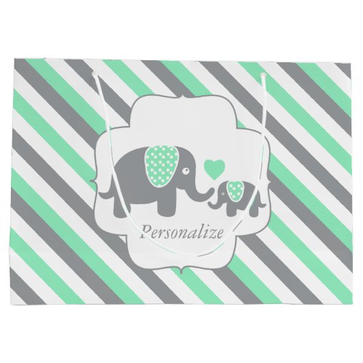 白、緑、灰色の象ストライプの赤ちゃんシャワー ラージペーパーバッグ (裏面)