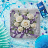 白、薄紫バラブーケ、白いリボン ペーパープレート (パーティー)