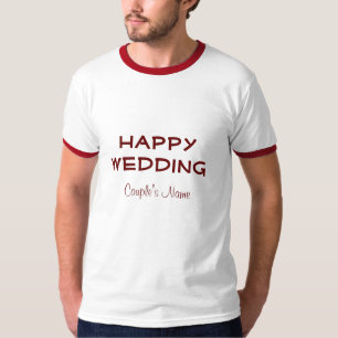 白/赤 カラー ベーシック リンガー カップルの結婚式 Tシャツ