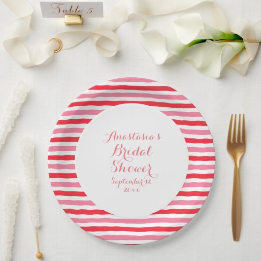 白 赤 ピンク ストライプ  ブライダルシャワー ペーパープレート (ウェディング)