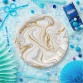 白、金ゴールド、灰色の大理石のような渦巻き流体アート ペーパープレート (パーティー)