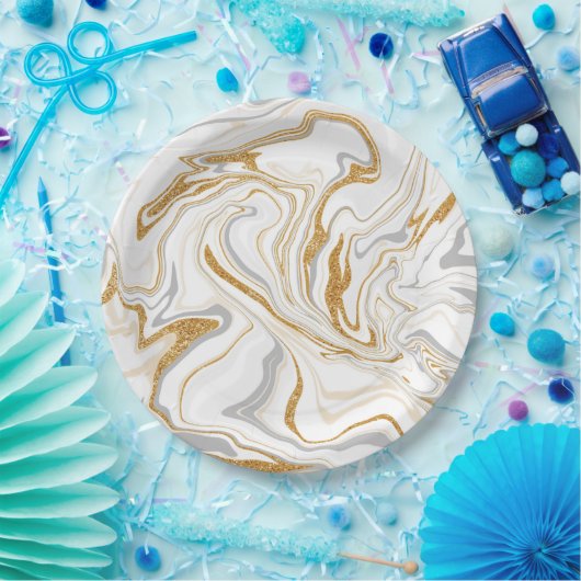 白、金ゴールド、灰色の大理石のような渦巻き流体アート ペーパープレート (パーティー)