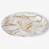 白、金ゴールド、灰色の大理石のような渦巻き流体アート ペーパープレート (アングル)