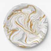 白、金ゴールド、灰色の大理石のような渦巻き流体アート ペーパープレート (正面)
