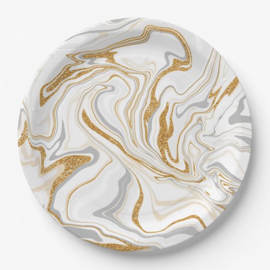 白、金ゴールド、灰色の大理石のような渦巻き流体アート ペーパープレート (正面)