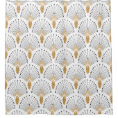 白、金ゴールド、黒アールデコ扇花モチーフ シャワーカーテン (正面)