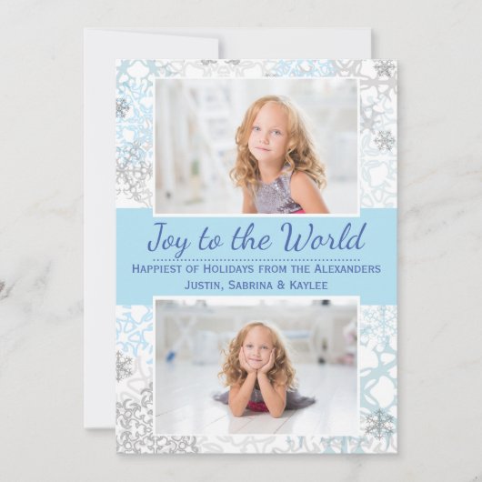 白/青の雪片2枚の写真 – クリスマスカード (正面)