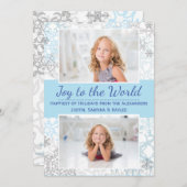 白/青の雪片2枚の写真 – クリスマスカード (正面/裏面)