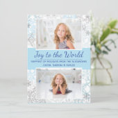 白/青の雪片2枚の写真 – クリスマスカード (スタンド正面)