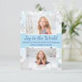 白/青の雪片2枚の写真 – 3x5クリスマスカード 招待状 (スタンド正面)