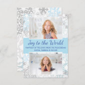 白/青の雪片2枚の写真 – 3x5クリスマスカード 招待状 (正面/裏面)