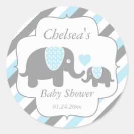 白、青、灰色の象ストライプの赤ちゃんシャワー ラウンドシール