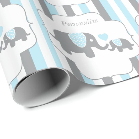 白、青、灰色の象ストライプの赤ちゃんシャワー ラッピングペーパー (ロールコーナー)