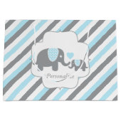 白、青、灰色の象ストライプの赤ちゃんシャワー ラージペーパーバッグ (正面)
