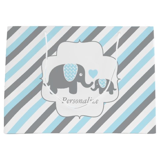 白、青、灰色の象ストライプの赤ちゃんシャワー ラージペーパーバッグ (正面)
