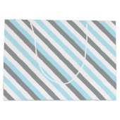 白、青、灰色の象ストライプの赤ちゃんシャワー ラージペーパーバッグ (裏面)