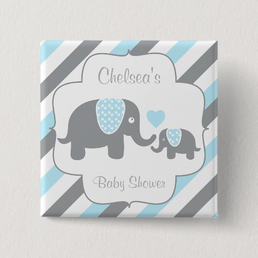 白、青、灰色の象ストライプの赤ちゃんシャワー 缶バッジ (正面)