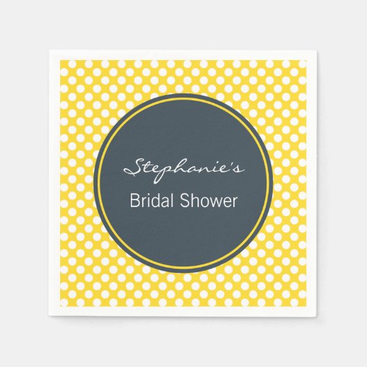 白、黄、および木炭の水玉模様ブライダルシャワー スタンダードカクテルナプキン (正面)