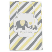 白、黄、灰色の象ストライプの赤ちゃんシャワー ミディアムペーパーバッグ (正面)