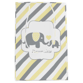 白、黄、灰色の象ストライプの赤ちゃんシャワー ミディアムペーパーバッグ