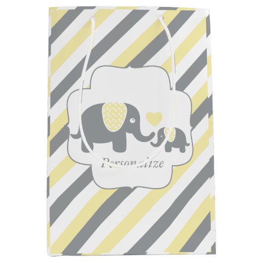 白、黄、灰色の象ストライプの赤ちゃんシャワー ミディアムペーパーバッグ (正面)