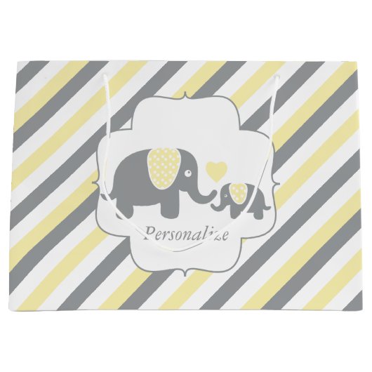 白、黄、灰色の象ストライプの赤ちゃんシャワー ラージペーパーバッグ (正面)