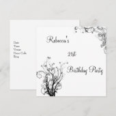 白 黒 ふわふわ フラワーの21歳誕生日パーティー 招待状 (正面/裏面)