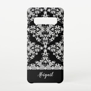 白（黒）オンブラックダマスク（ラインストーン&ネーム） SAMSUNG GALAXY S10ケース
