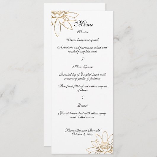 白、黒、ゴールドの結婚式ディナーメニューカード 招待状 (正面/裏面)