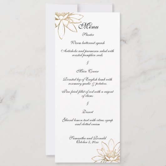 白、黒、ゴールドの結婚式ディナーメニューカード 招待状 (正面)
