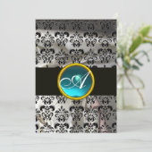 白 黒 シルク ダマスク ティール ブルー ジェム モノグラム 招待状 (スタンド正面)