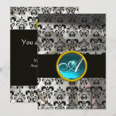 白 黒 シルク ダマスク ティール ブルー 宝石 モノグラム 招待状 (正面/裏面)