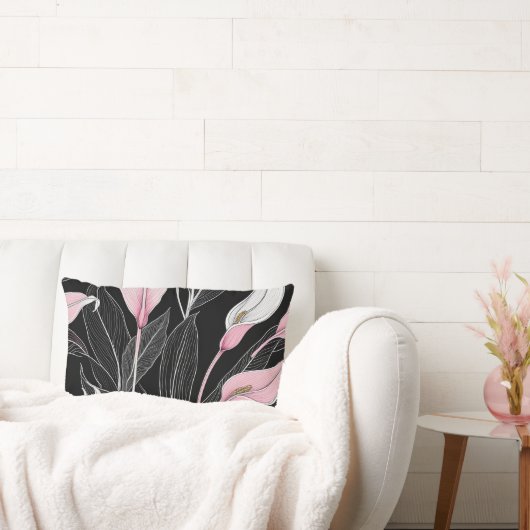 白、黒、ピンクのユリ ランバークッション (ソファ)