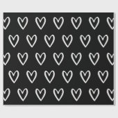 白（黒）手描きハート ラッピングペーパー (フラット)