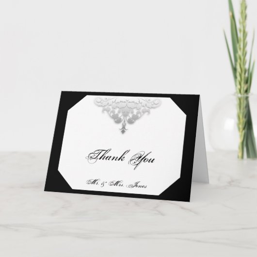白 黒 銀のダマスク織り「ありがとう」カード サンキューカード (正面)