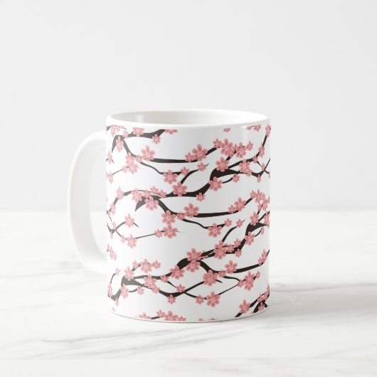 白bの上にブルーミングさくらんぼを施したシームレスな模様 コーヒーマグカップ (正面左)
